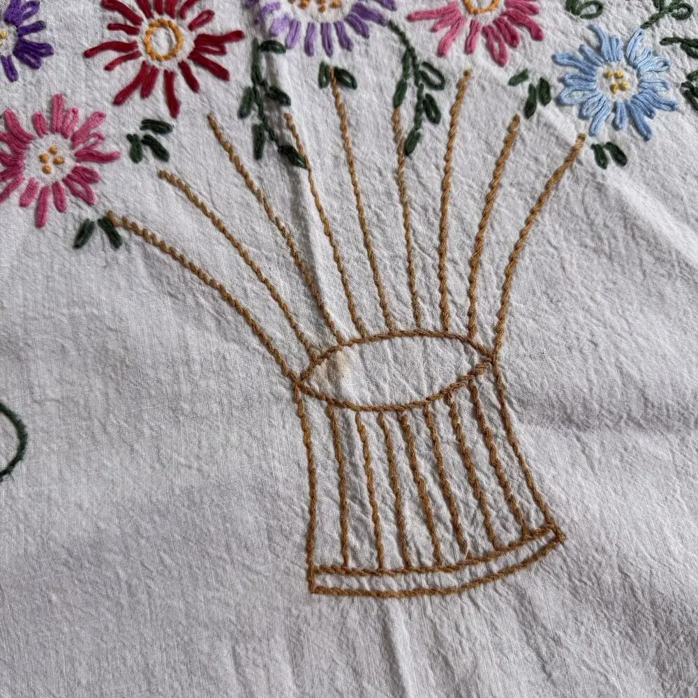 Vtg 70s Tablecloth Floral Hand Embroidered Crochet Lace 84x70” Cottagecore Large